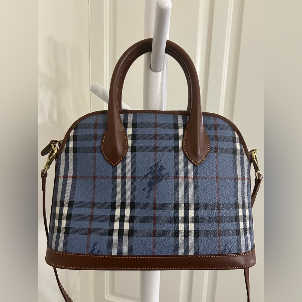 Burberry Convertible Dome Satchel Blue Haymarket Plaid
